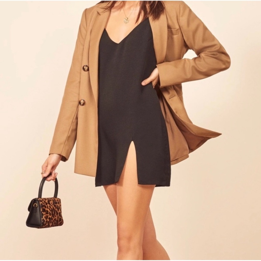 Reformation Black Marlowe V- Neck Side Slit Slip Mini Dress - XSmall‎